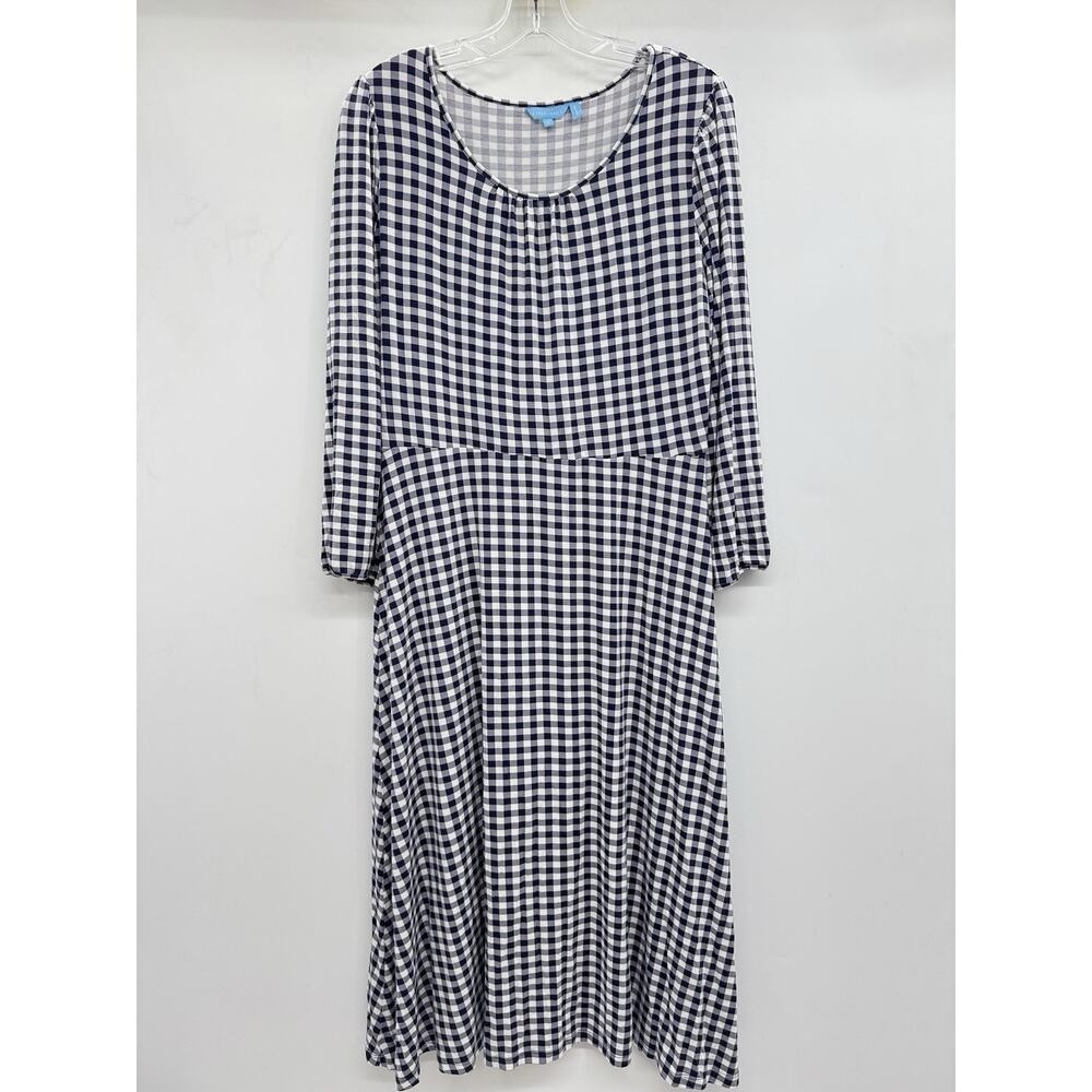 Draper James Gingham Fit & Flare Midi Dress Sz L Blue White Jersey Preppy Office